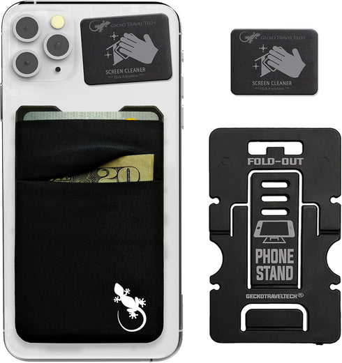 Double Pocket Gecko Phone Wallet - Smartphone Adhesive Card Holder, Mobile Stick on Spandex Pocket (BLACK-WHITE)