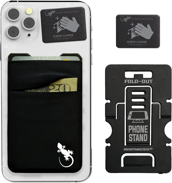 Double Pocket Gecko Phone Wallet - Smartphone Adhesive Card Holder, Mobile Stick on Spandex Pocket (BLACK-WHITE)