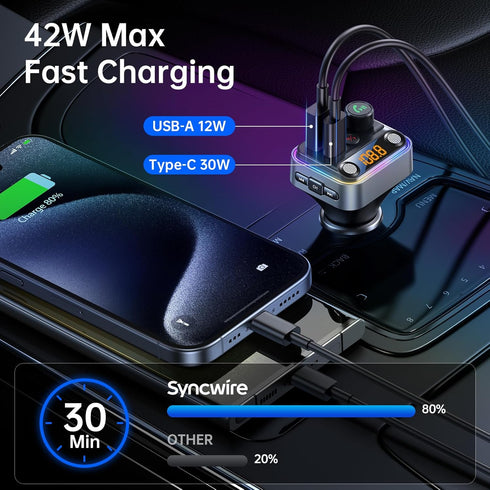 Syncwire Bluetooth 5.4 FM Transmitter Car Adapter 42W, Light Switch, Stronger Dual-mic, HiFi Bass Sound, Fast Charging,