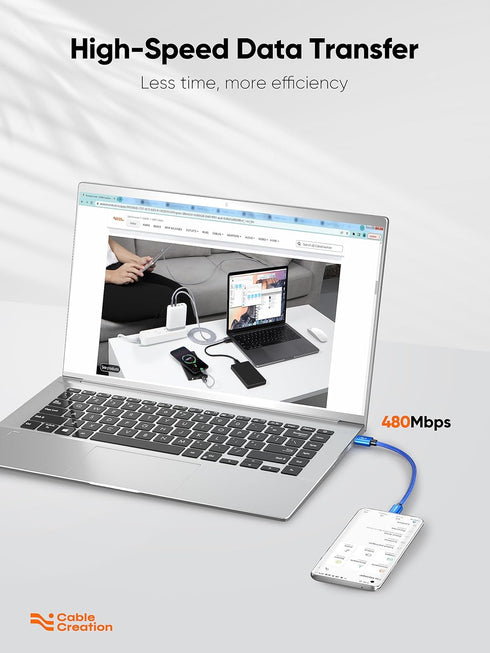 CableCreation Blue 6 inch USB to USB C Cable, 3A Fast Charging, Braided USB C Male to Male for Power Bank, Galaxy S23