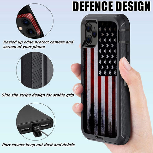 Compatible iPhone 12 Case with Screen Protector, Retro American Flag Design for Men Boys, 3-in-1 Heavy Duty Protection