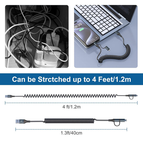 USB-C and Lightning Cable 2 in 1 Combo, MFi Certified, Short Coiled iPhone Car Charger Cord for Apple Carplay & Android