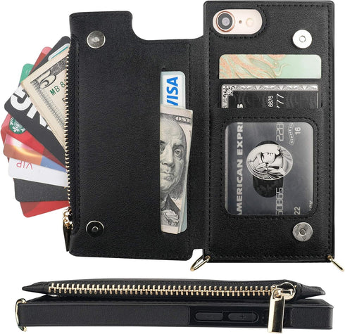 Bocasal Crossbody Wallet Case for iPhone SE 2022/SE 2020/7/8, Zipper Card Slot Protector, Shockproof Purse Cover (Black)