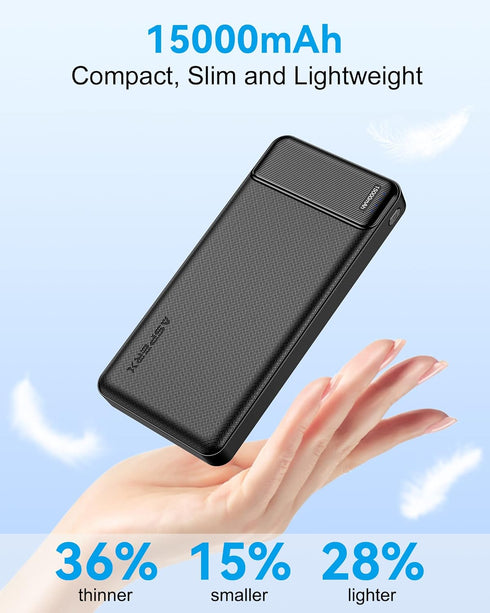 AsperX Portable Phone Charger 15000mAh, 22.5W Fast Charging USB C Battery Pack for iPhone 14/13, iPad, Samsung (Black)