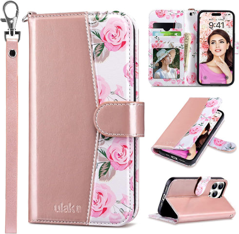 ULAK Compatible with iPhone 15 Pro, Wallet Case with Card Holder, Flower Flip Case for Women Girls, Rose Gold
