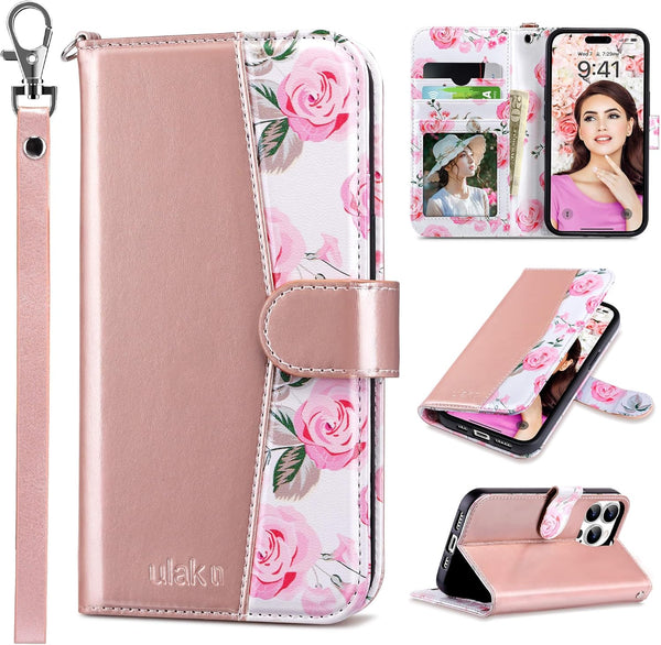 ULAK Compatible with iPhone 15 Pro, Wallet Case with Card Holder, Flower Flip Case for Women Girls, Rose Gold