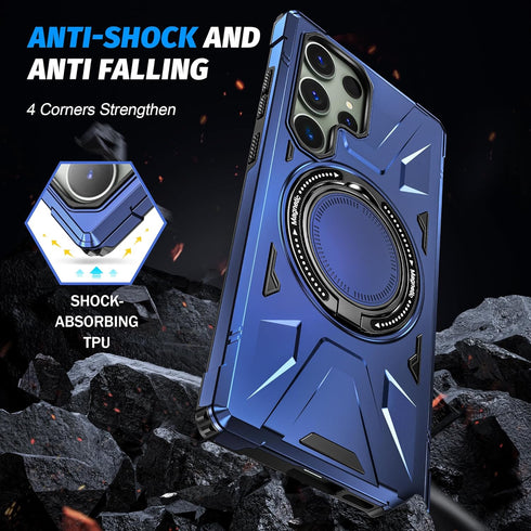 Galaxy S24 Ultra Navy Blue Case: Dual Layer Hard PC Cover with Camera Lens Protector & 360° Ring Holder Stand.