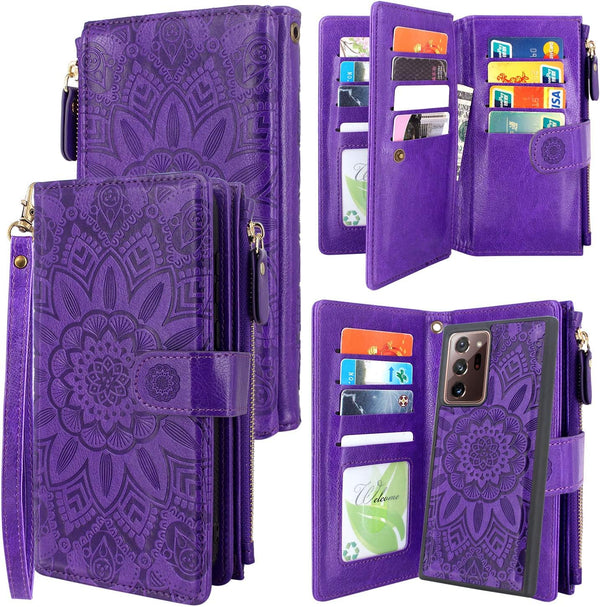 Harryshell Detachable Magnetic Zipper Wallet Case for Samsung Galaxy Note 20 Ultra 5G, 12 Card Slots, Flower Purple