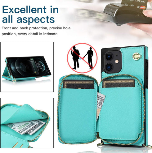 Asuwish iPhone 13 Mini Case - Mint Green Wallet Cover with Zipper, Screen Protector & Card Holder Slot, Leather Stand.