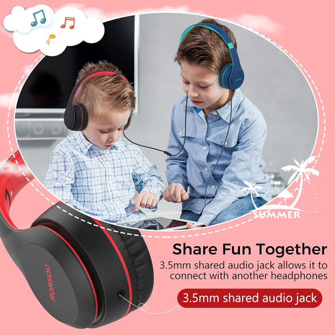 RORSOU K5 Kids Headphones - Foldable On-Ear, 85/94dB Volume Limiter, Tangle-Free 3.5mm Jack, for Boys/Girls/Tablet