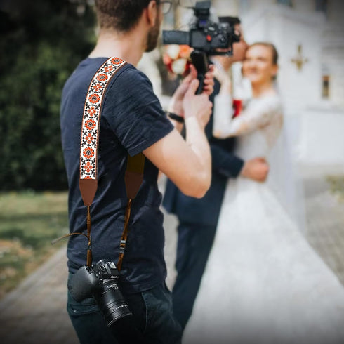 Art Tribute Orange Flowers Camera Strap, Retro 70's Classic Vintage Floral Pattern, Vegan Leather