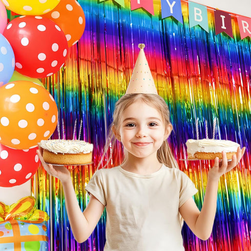 Sparkly Rainbow Foil Fringe Curtain, Metallic Streamers Tinsel Party Backdrop Decorations - 2 Packs
