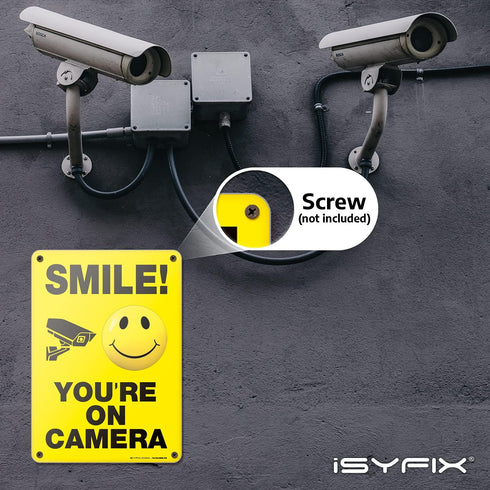 iSYFIX Smile You're on Camera Signs for Business – 1 Pack 7x10 Inch – Rust Free Aluminum Sign, UV & Weather Resistant