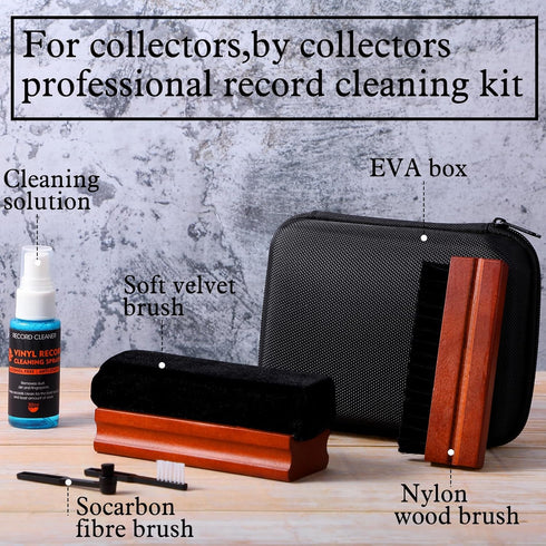 6 Pcs Vinyl Record Cleaning Kit, Includes Velvet Soft Brush, Nylon Brush, Microfiber Brush, Cleaner Fluid (Red Brown)