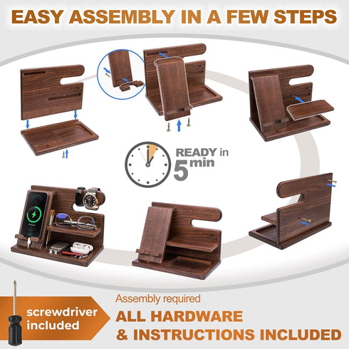 TESLYAR Wood Phone Docking Station for Men - Desktop or Nightstand Organizer - Birthday Gifts for Men, Dad