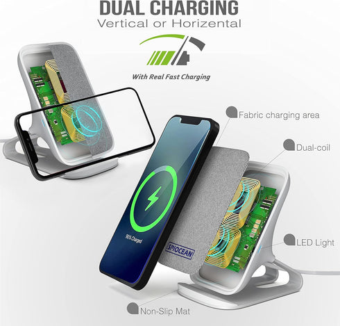 Fast Wireless Charger, Qi-Certified 10W Max Charging Stand for iPhone 15/14/13/12/11, Samsung Galaxy with QC3 Adapter