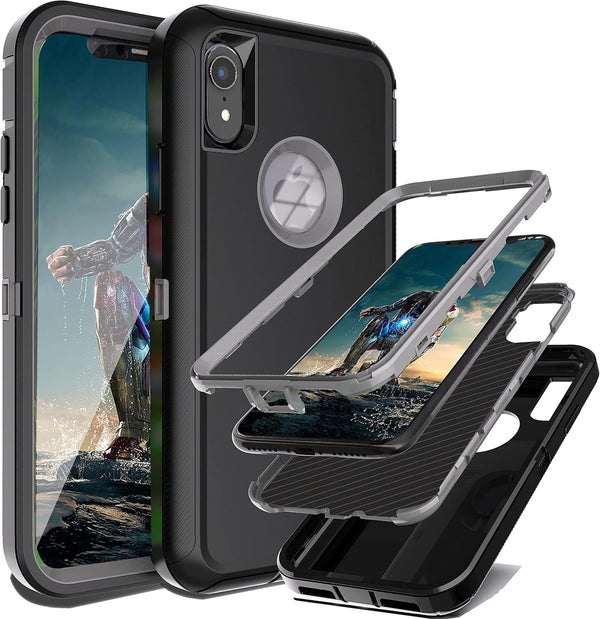 YmhxcY iPhone XR Case: Shockproof, Dust-Proof, 3-Layer Heavy Duty Protection, Black & Grey, 6.1" for Apple iPhone XR.