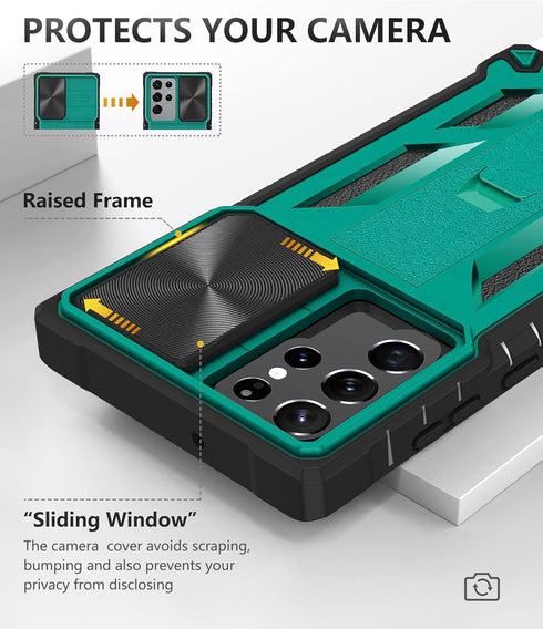 Case for Samsung Galaxy S22 Ultra: Rugged Protective Mobile Phone Cover with Kickstand & Slide - Green