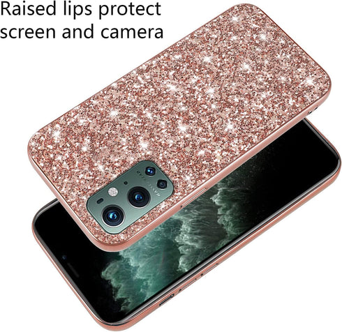 OnePlus 9 Pro Case - Glitter Shockproof Bling Soft TPU & PC, Thin Protective Cover for Women (Rose Gold)