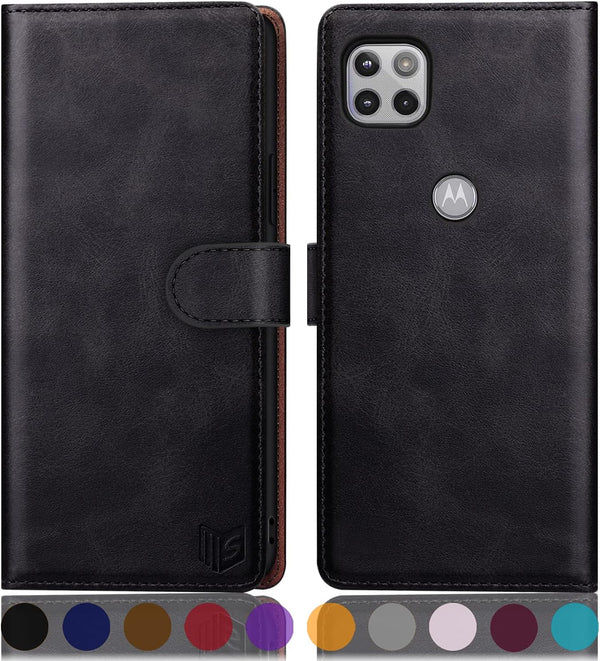 SUANPOT RFID Blocking Leather Wallet Case for Motorola One 5G Ace 2021, Flip Folio Book Shockproof Cover (Black)