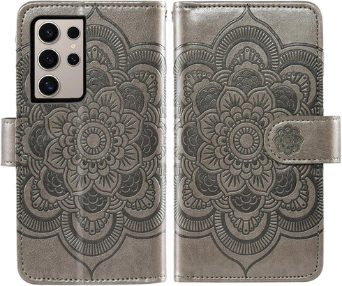 Asuwish Wallet Case for Samsung Galaxy S24 Ultra 5G - Grey, with Tempered Glass Protector & Flower Flip Card Holder.