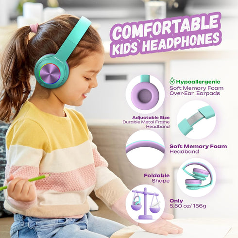 PowerLocus PLED Kids Bluetooth Headphones, Wireless with LED Lights, Safe Volume, Micro SD, AUX Cable, Hi-Fi Stereo