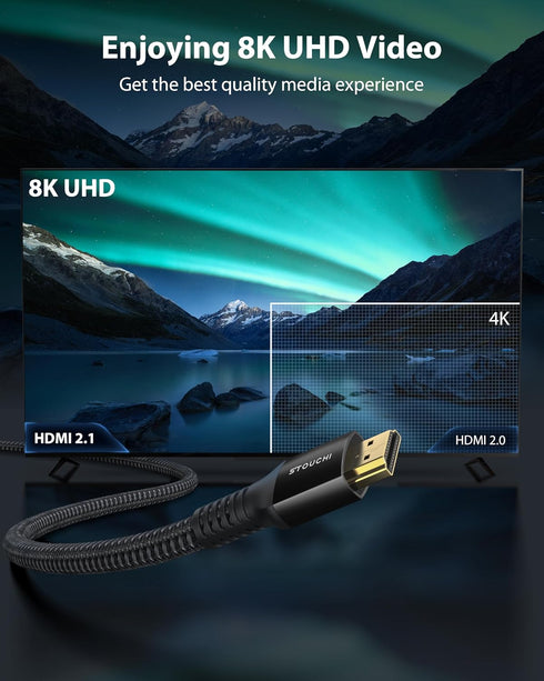 Stouchi 8K HDMI 2.1 Cable, Ultra High Speed 3ft Braided Cord for 4K@120Hz, Compatible with Roku TV