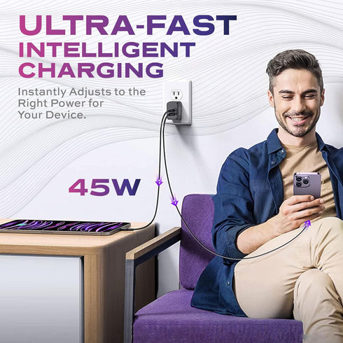 STATIK Fast-Charging GaN Power Adapter - 45W Dual USB C & USB, Foldable Compact Travel Charger for iPhone, iPad,