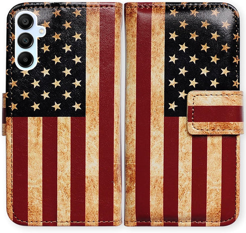 Bcov Retro American Flag Leather Flip Wallet Case for Samsung Galaxy A15 5G, Card Slot Holder Kickstand
