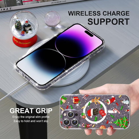 Choiche iPhone 14 Pro Magnetic Case - Glitter Christmas Tree, Clear Bling, with 3x Diamond Lens & 2x Tempered Glass