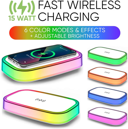 Westclox 15 6 Wireless Charging Pad with Fast Watt Wireless Charging, RGB Color Changing Light with Modes, Adjustable