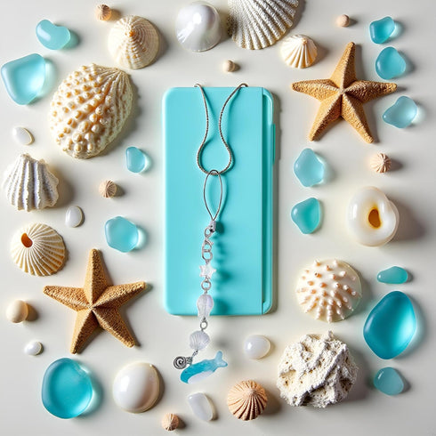 Dwuww Light Blue Ocean Shell Phone Chain Strap Fish Charm Star Beaded Keychain Phone Lanyard Acrylic Keyring Bag