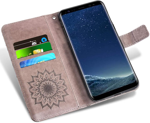 Samsung Galaxy S8 Wallet Case, Leather Sunflower Flip Cover with Tempered Glass Screen Protector, Gray