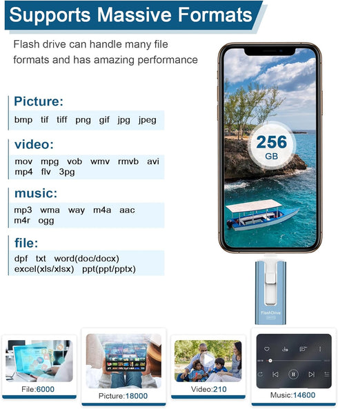 GNASEET 256GB 256GB) USB Flash Drive for Phone and Pad, Photo Stick High Speed External USB Thumb Drives Photo Storage