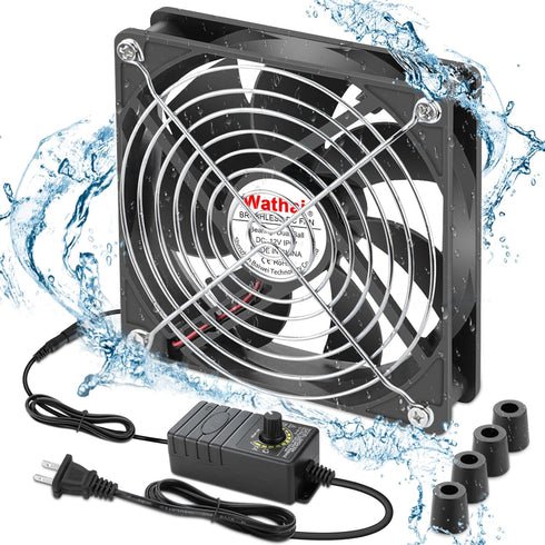 Wathai 120mm x 25mm Waterproof Small Box Fan IP67 12V with AC Plug Speed Controller for Biltong Box, Aquarium
