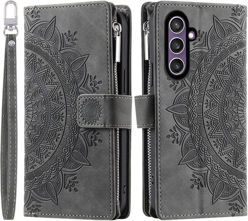 Samsung Galaxy S23 FE 5G Wallet Case with Mandala Flower, Tempered Glass Protector, Wrist Strap, and Card Holder - Grey.