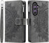 Samsung Galaxy S23 FE 5G Wallet Case with Mandala Flower, Tempered Glass Protector, Wrist Strap, and Card Holder - Grey.
