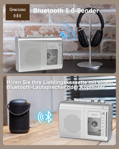 Gracioso Portable Cassette Player Recorder with Bluetooth Transmitter, AM FM Walkman with Headphone Jack, Big Speaker,