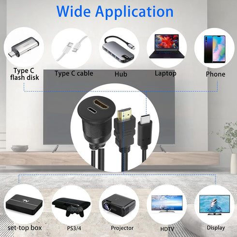 QIANRENON USB C & HDMI Waterproof Cable Adapter, 4K@60HZ, 1m/3.3ft for Car, Dashboard, Desk, USB C 2.0 + HDMI 1.4