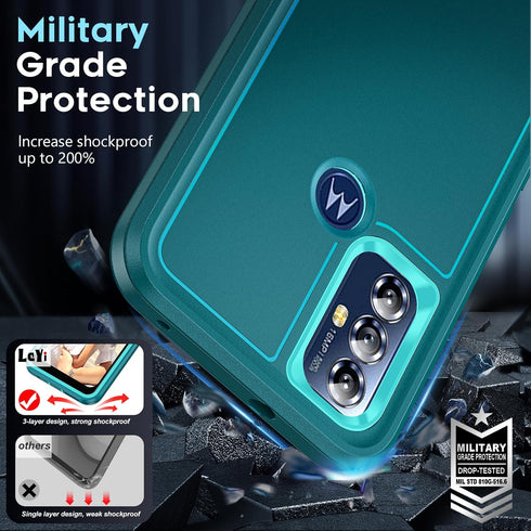 LeYi Moto G Play 2023 Case: Heavy Duty 3-in-1 Military Grade, Teal, with 2 PCS Tempered Glass Screen Protectors.