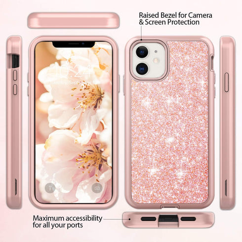 Coolwee Glitter Full Protective Case for iPhone 11, Heavy Duty Hybrid 3 in 1 Shockproof for Women Girls Rose Gold