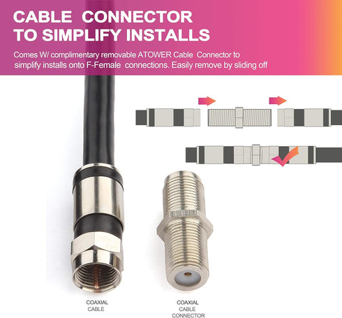 GTOTd Coaxial Cable (3 Feet) with RG6 Connector and F-Type Extension Adapter, Black Coax Satellite TV 75 Ohm