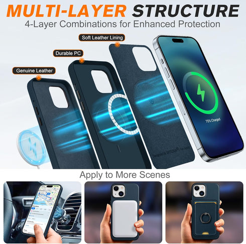 SHIELDON 15 2023, 15 6.1" Genuine Leather Case for iPhone Magnetic Wireless Charging Slim Non-Slip Anti-Scratch