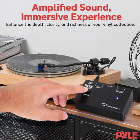 12V Pyle Phono Turntable Preamp - Mini Audio Stereo Phonograph Preamplifier with RCA Inputs & Outputs, Low Noise