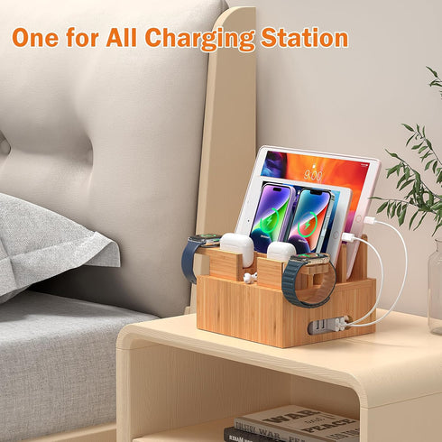Pezin & Hulin Bamboo Charging Station Organizer for Multiple Devices, Desktop Docking Station with 5 Cables, NO Charger