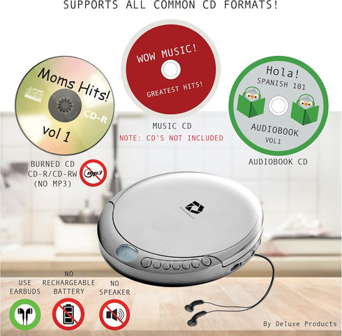 CD Player Portable with 60 Second Anti Skip, Stereo Earbuds, Includes Aux in Cable and AC USB Power Cable for use at Home or in Car. Silver