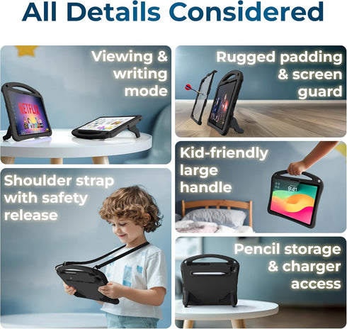 Bam Bino Space Suit Kids Case for iPad Pro 12.9" (2018-2022) Models, Screen Guard, Handle, Shoulder Strap, Cosmic Black
