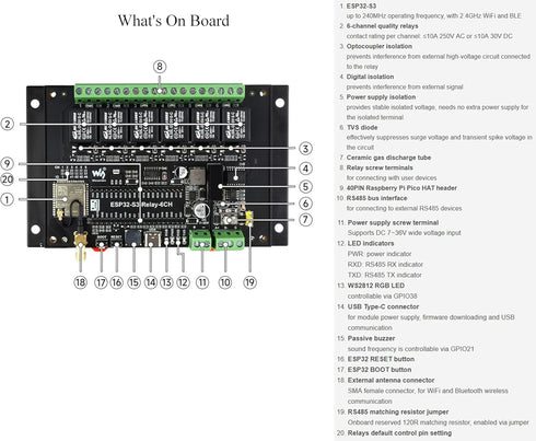 Waveshare Industrial 6-Channel ESP32-S3 Relay Module, Supports Wi-Fi/BLE/RS485 Control, Onboard Interfaces for Expansion
