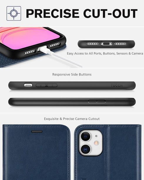 TUCCH Case Wallet for iPhone 11, PU Leather Flip Folio Case with Shockproof TPU Inner Shell, RFID Blocking, Dark Blue