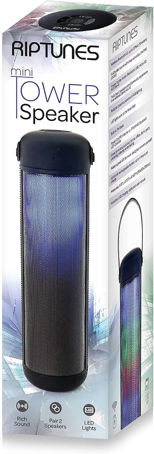 Riptunes Mini Tower Night Light Bluetooth Speaker, Portable Wireless Speaker with Changing LED Lights, Built-in FM Radio